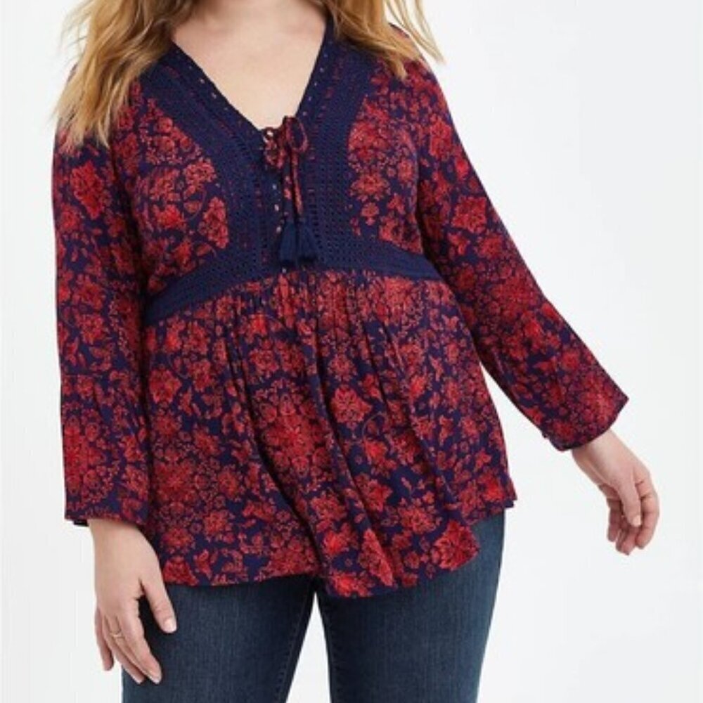 Torrid Lace Up Baby Doll Top Size 2X Tunic Gauze Crochet Lace Peasant Boho Flowy